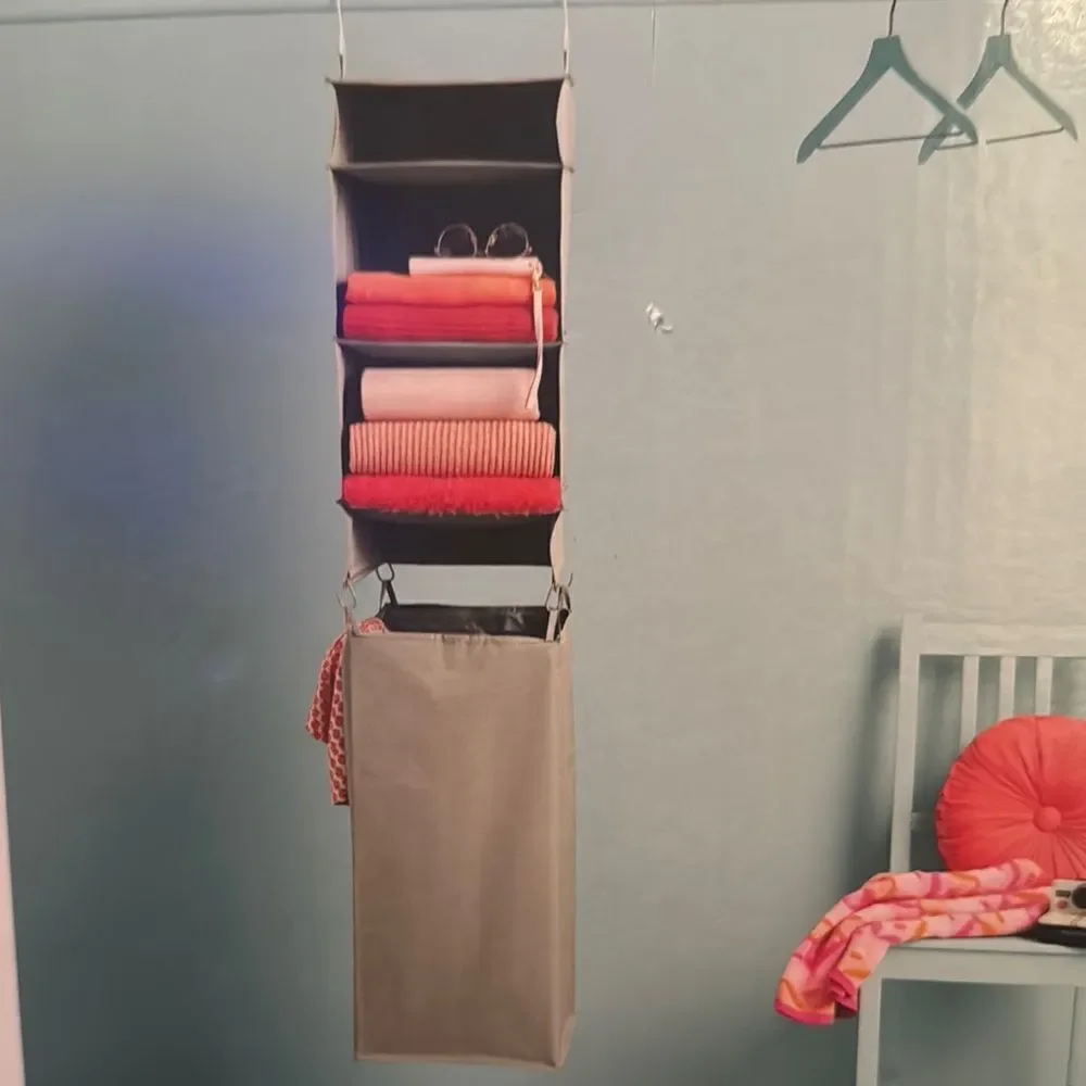 Room Essentials Gray 3-Shelf Hanging Closet Organizer Removable Laundry Bag NEW